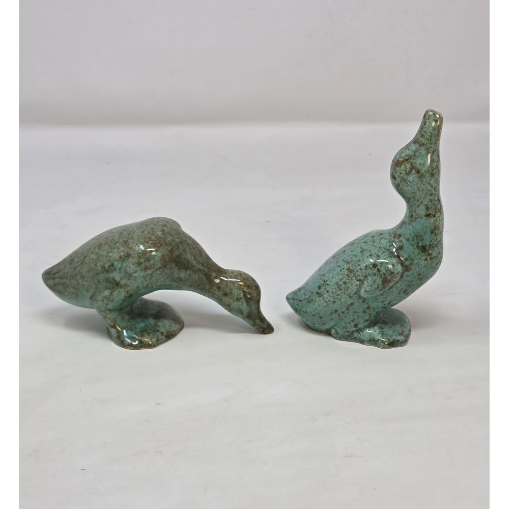 MCM Ceramic Duck Goose Figurine Pair Set Turquoise Speckled Glaze Retro Pottery